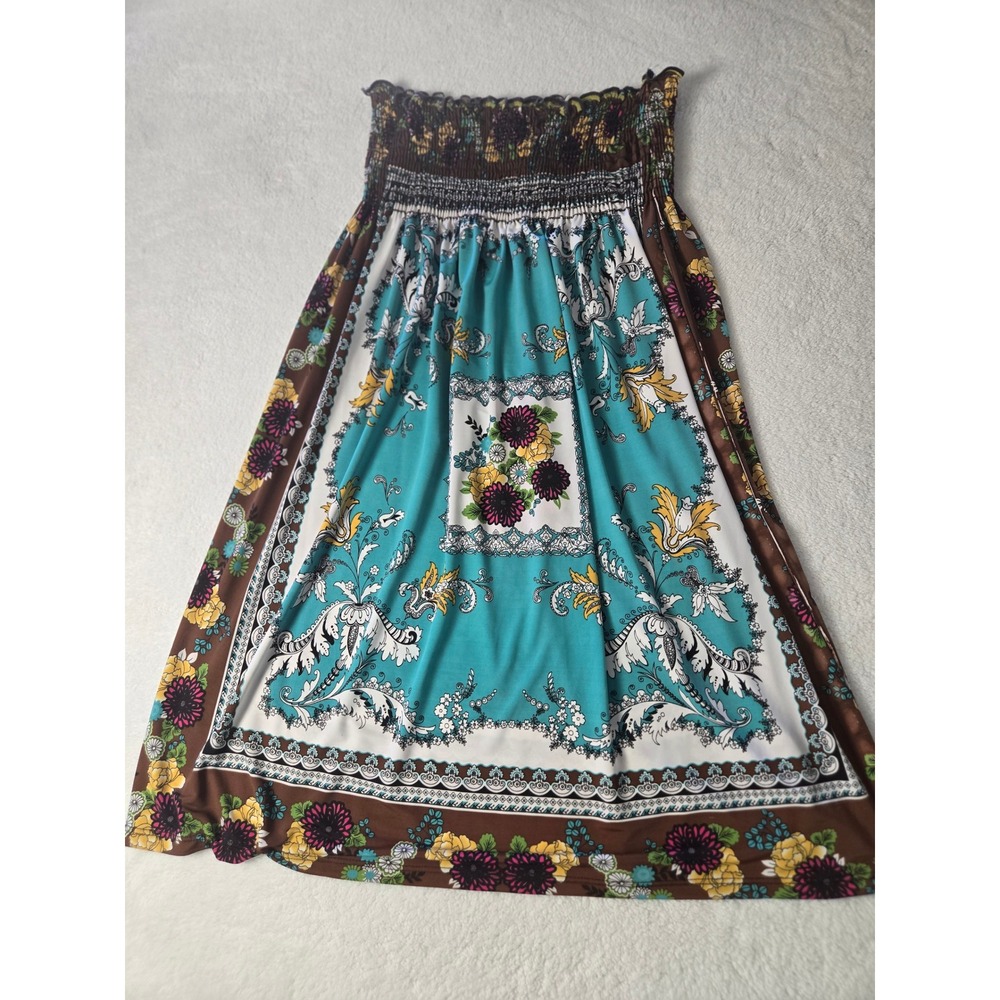 Vtg Charlotte Russe Floral Paisley Smocked Tube Dress OS Turquoise Brown USA